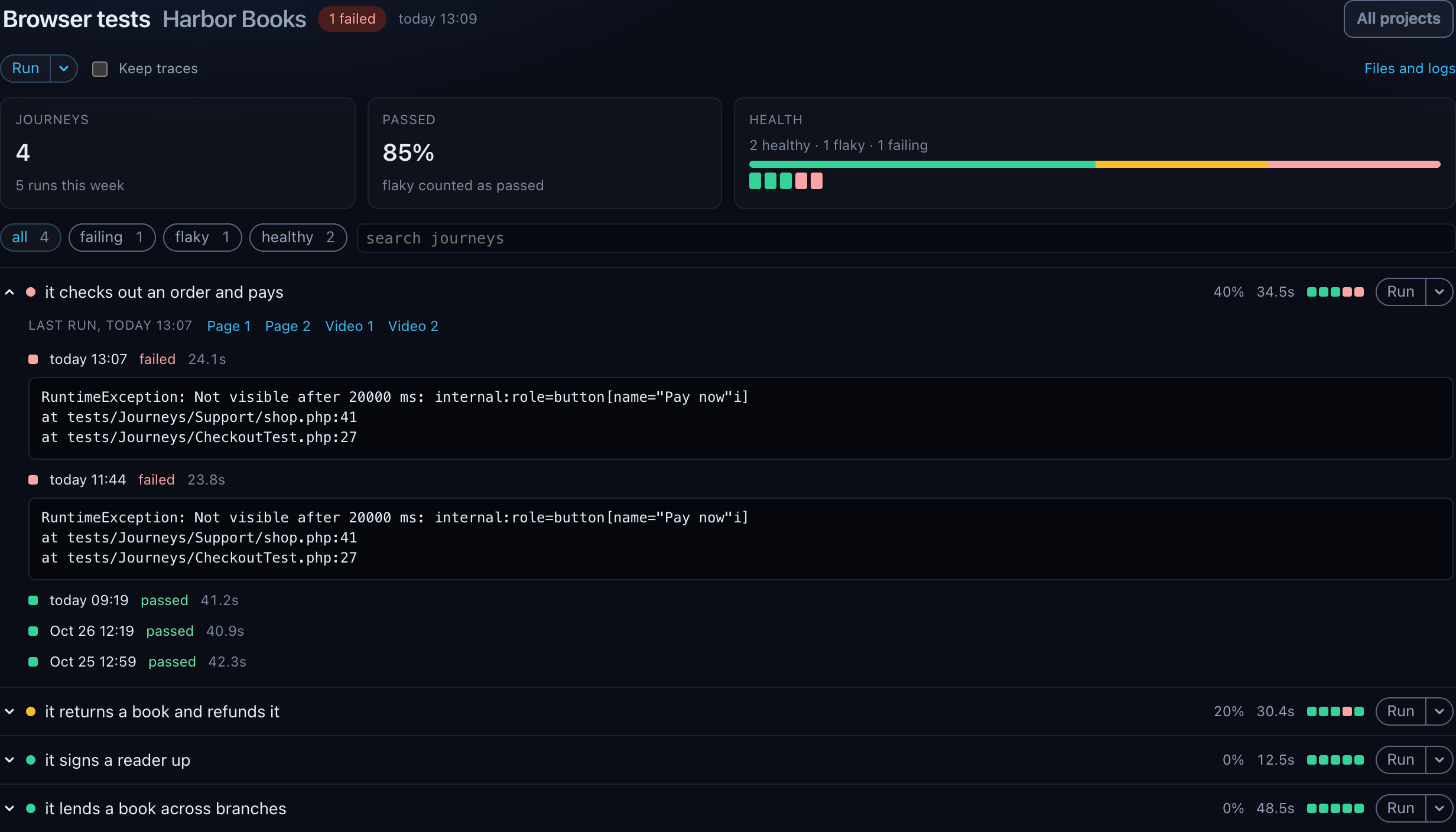 The browser tests page of a project: Run with its caret and Keep traces, the week's journeys, success rate and health, the filter, and four journeys, the failing one unfolded with its runs, the whole error of each failed run, and its last run's traces and videos per page
