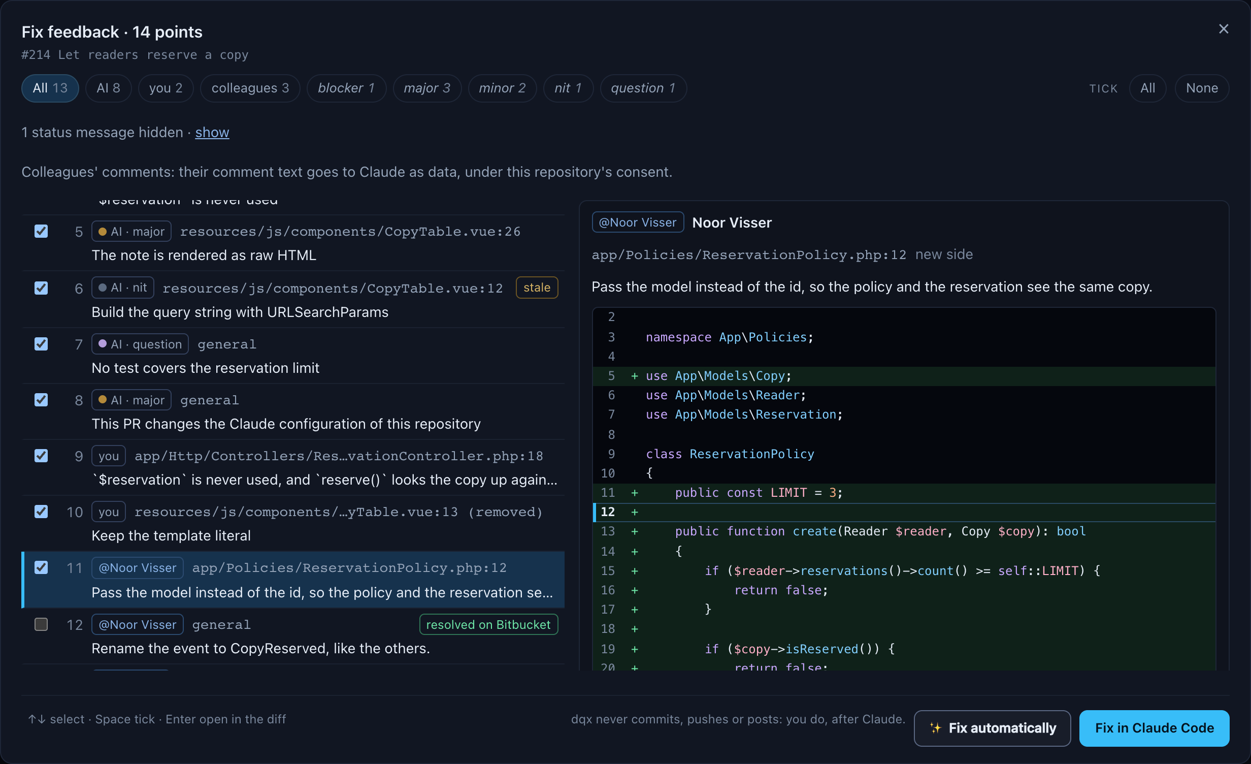 The Fix feedback panel over pull request #214: filter chips with counts, a note that one status message is hidden, the list of points on the left with a colleague's comment selected, and on the right that comment in full with the code around line 12 of ReservationPolicy.php, its line marked and the added lines green