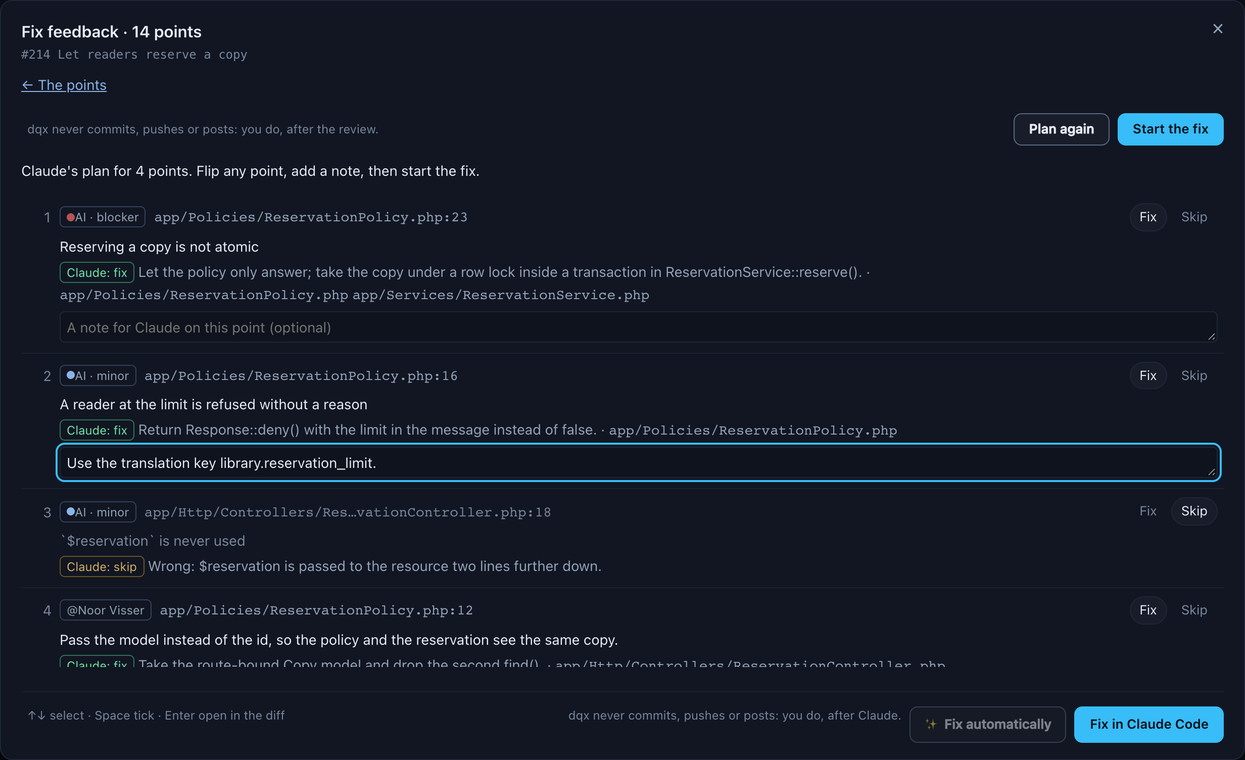 The Fix feedback panel with Claude's plan for four points of pull request #214: each with its source, place and text, Claude's proposal as a fix or skip chip with its reason and files, Fix and Skip buttons, and a note field; Plan again and Start the fix at the top