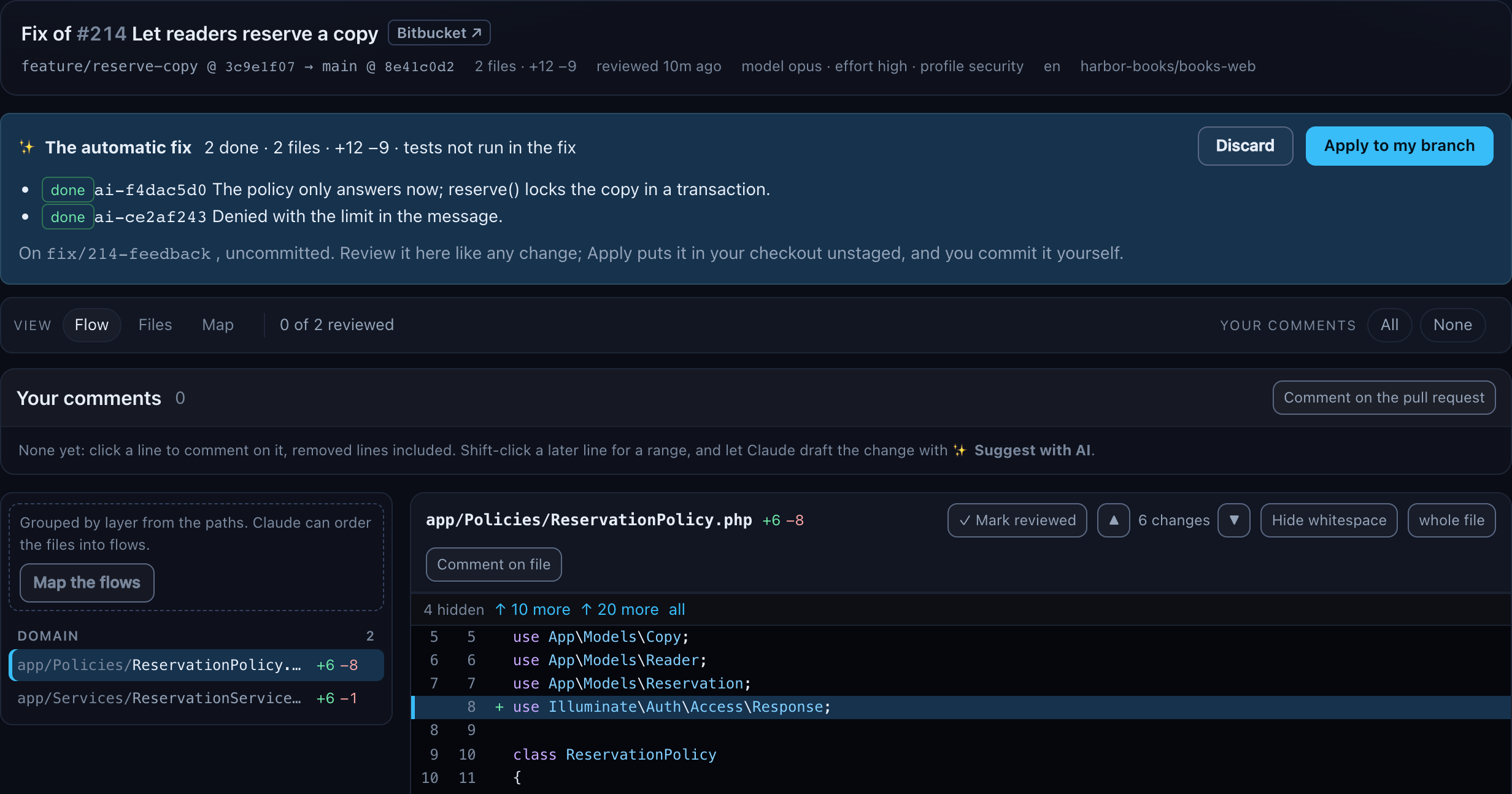 The review of the automatic fix of pull request #214: a banner with 2 done, 2 files, +12 −9 and tests not run in the fix, each point with its summary, and the Discard and Apply to my branch buttons, above the human review of the fix's diff