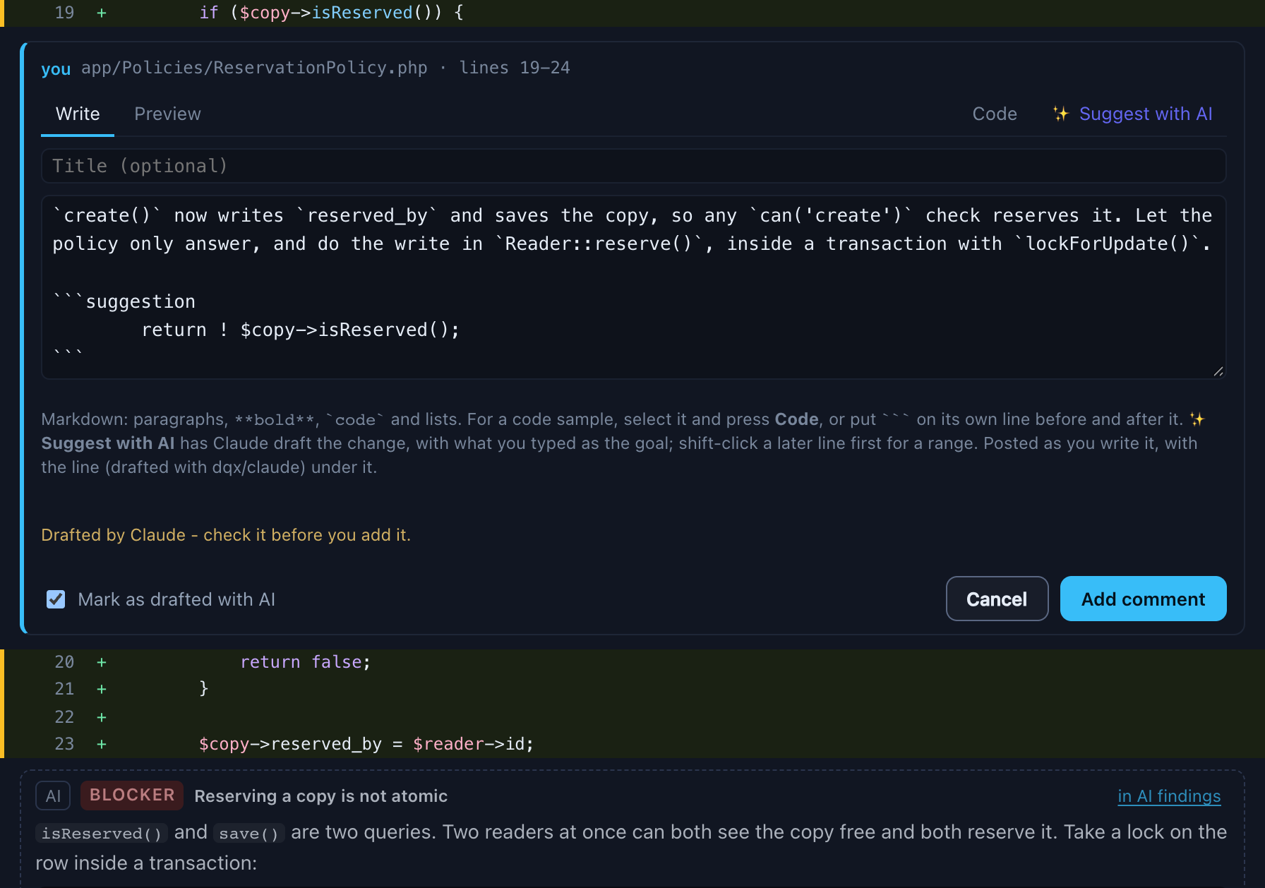 The comment editor filled by Claude: a sentence explaining the change and a suggestion block with the new code, the note Drafted by Claude - check it before you add it, and the ticked checkbox Mark as drafted with AI