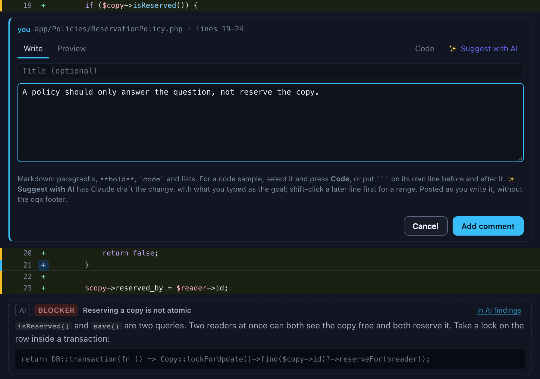 Three added lines of ReservationController.php highlighted as a range, the comment editor under them with the goal typed in, and the Code and Suggest with AI buttons