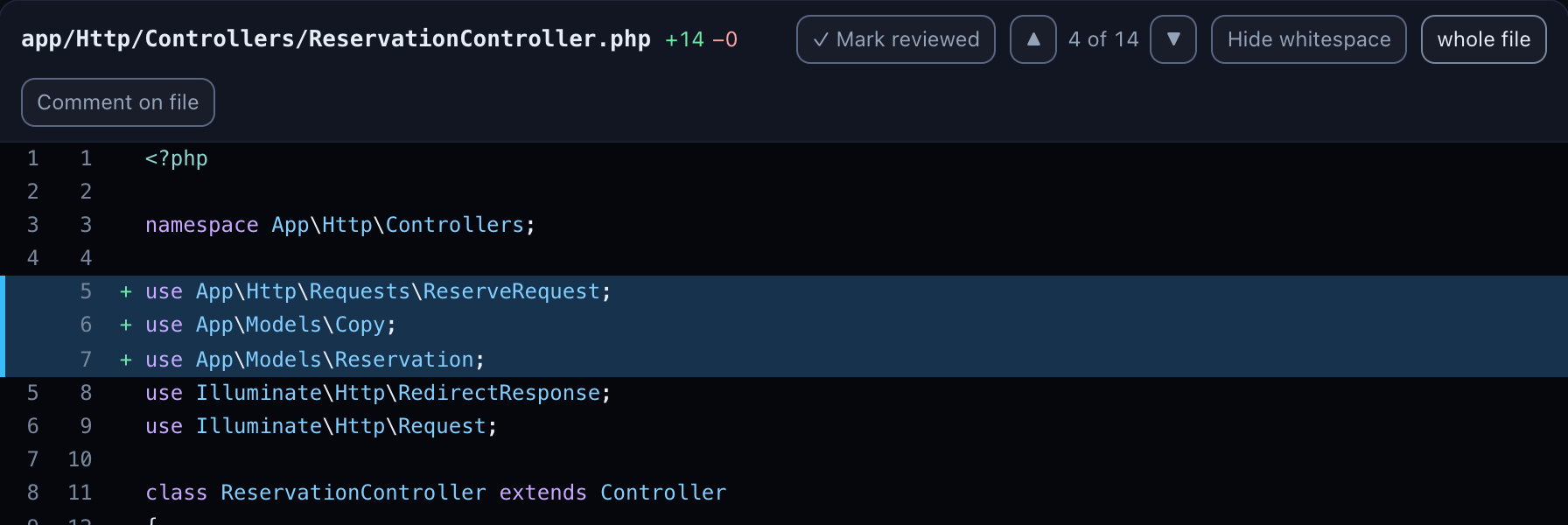 ReservationController.php in whole file mode: lines 1 to 18 from the opening php tag and namespace down to the store method, with the added use lines and method highlighted