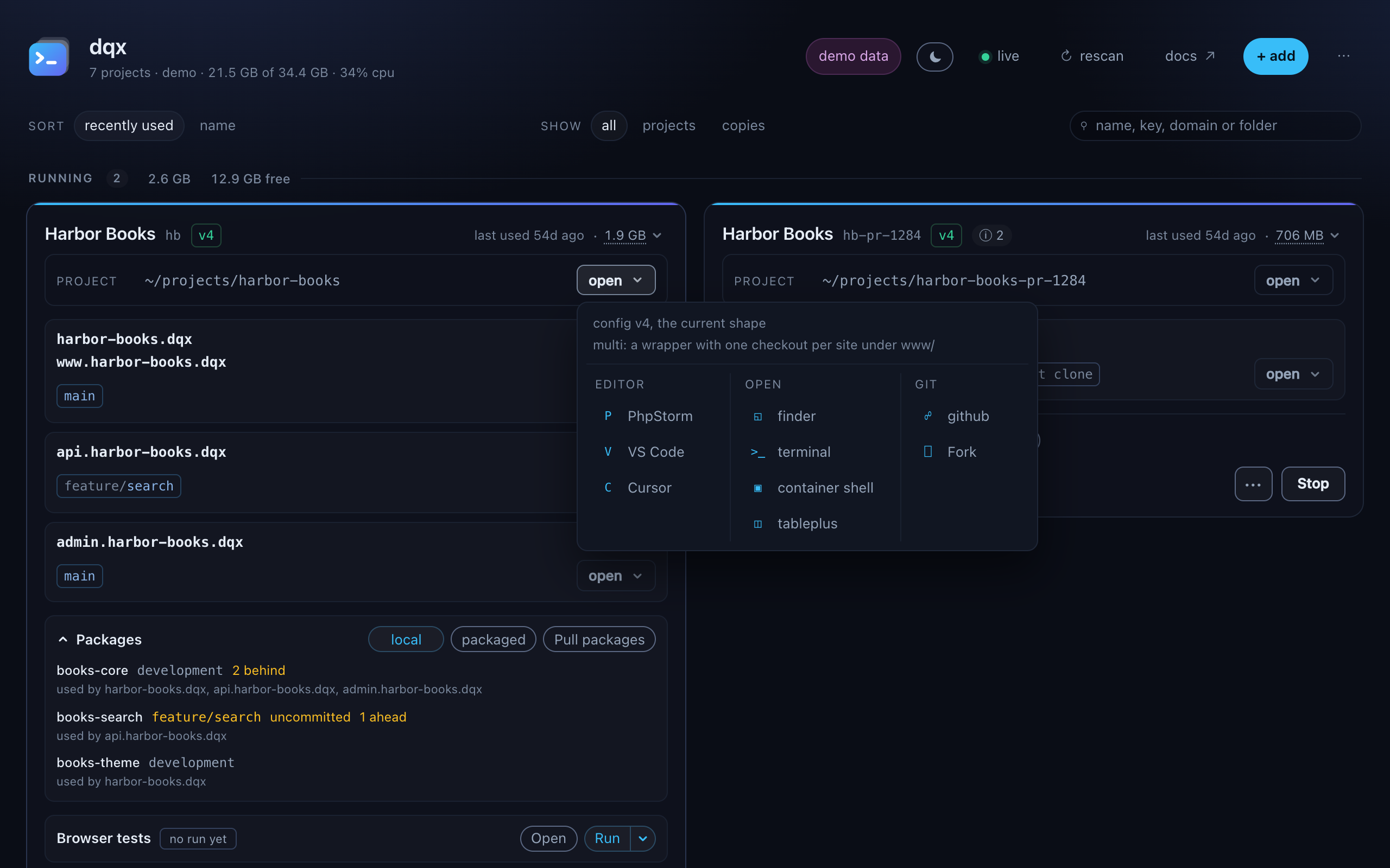 The open panel over a card in three columns: editor with PhpStorm, VS Code and Cursor; open with finder, terminal, container shell and tableplus; git with github and Fork