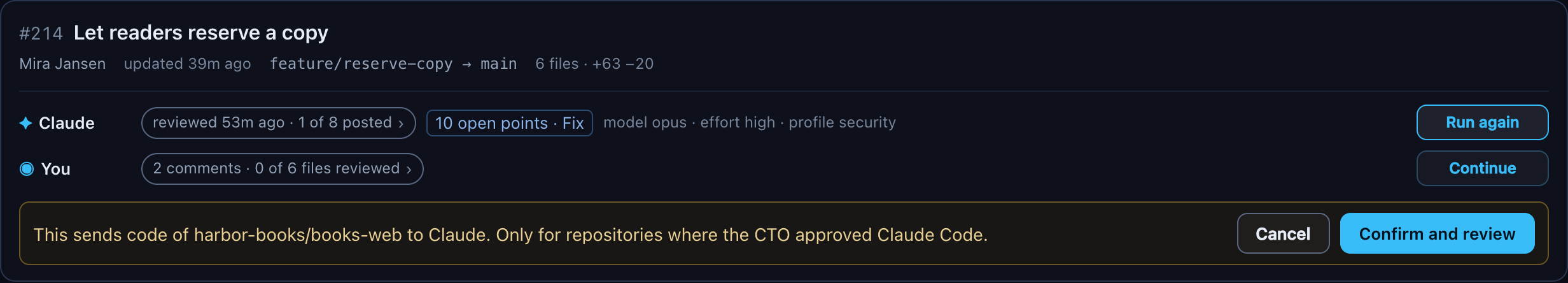 A pull request row asking whether code of the repository may go to Claude, with Cancel and Confirm and review
