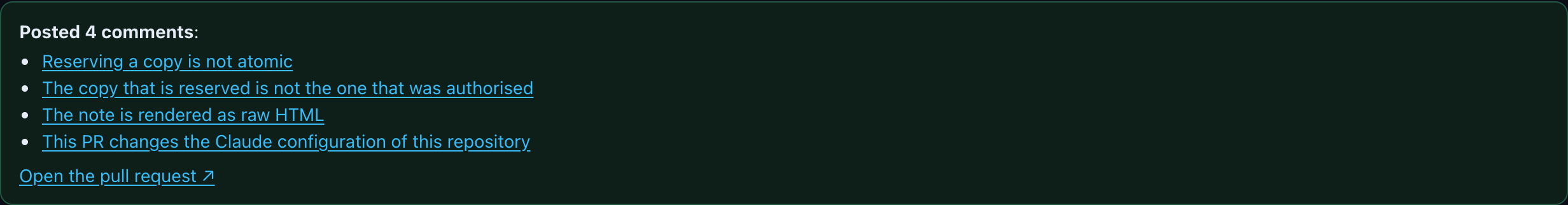 The outcome after posting: Posted 4 comments, a link per comment title, and Open the pull request