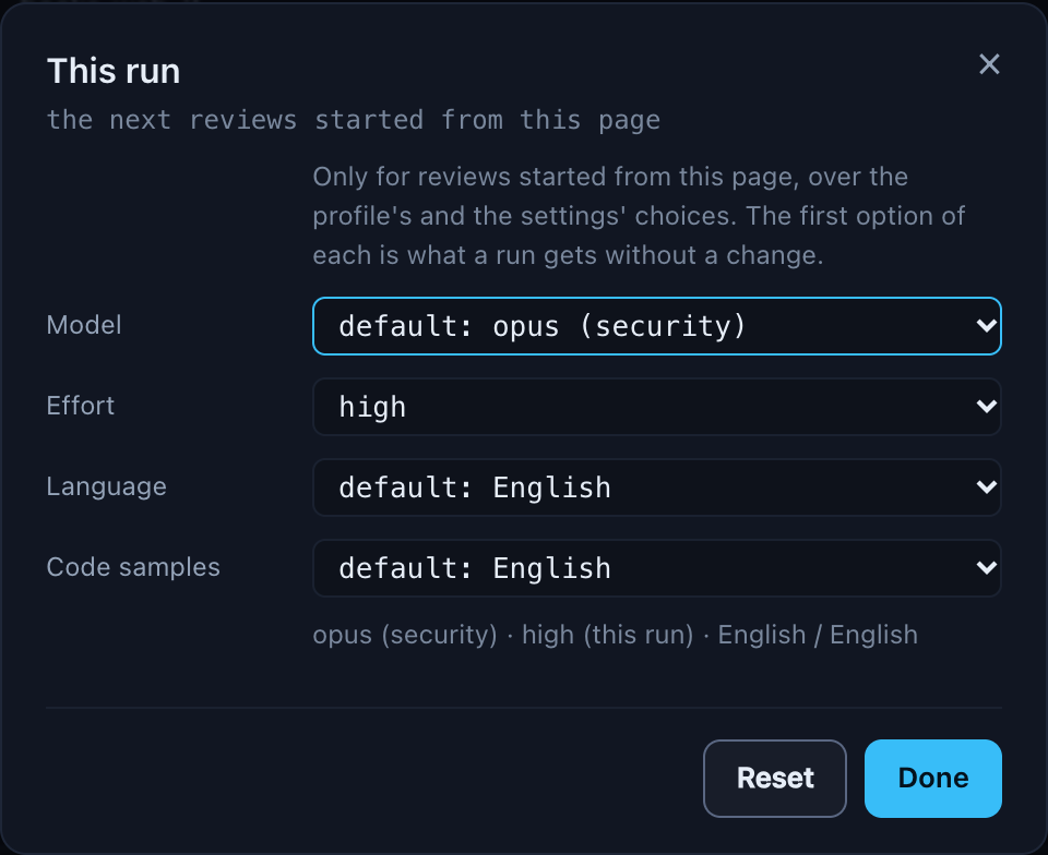 The This run dialog: model on default: opus (security), effort changed to high, language and code samples on default: English, and the summary opus (security), high (this run), English / English
