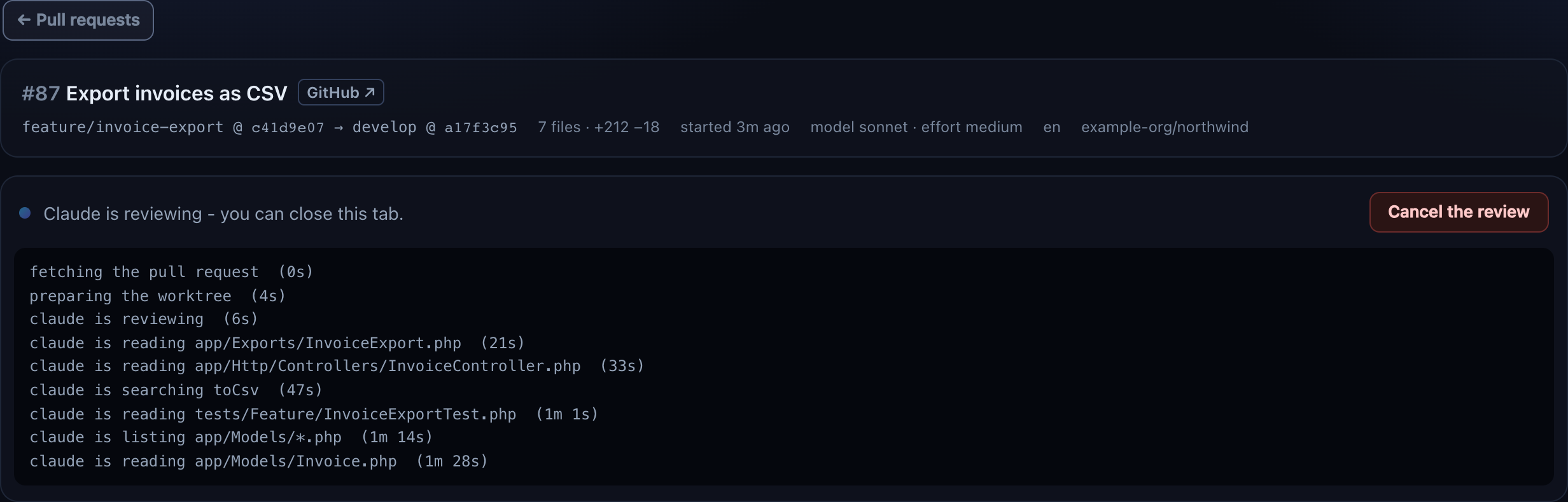 A review in progress: the context bar of pull request 87, Claude is reviewing with a Cancel button, and a log of the files Claude is reading